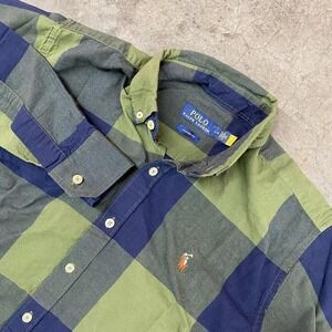 Polo Ralph Lauren Oxford Custom Fit Plaid Button Up Shirt Green Blue Size L